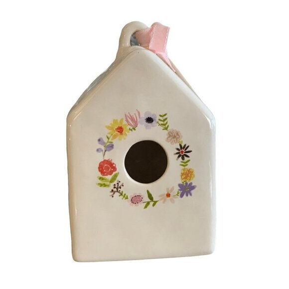 Rae Dunn Watercolor Floral Birdhouse Ceramic Spring Flowers Dimples White Pastel - Picture 6 of 6